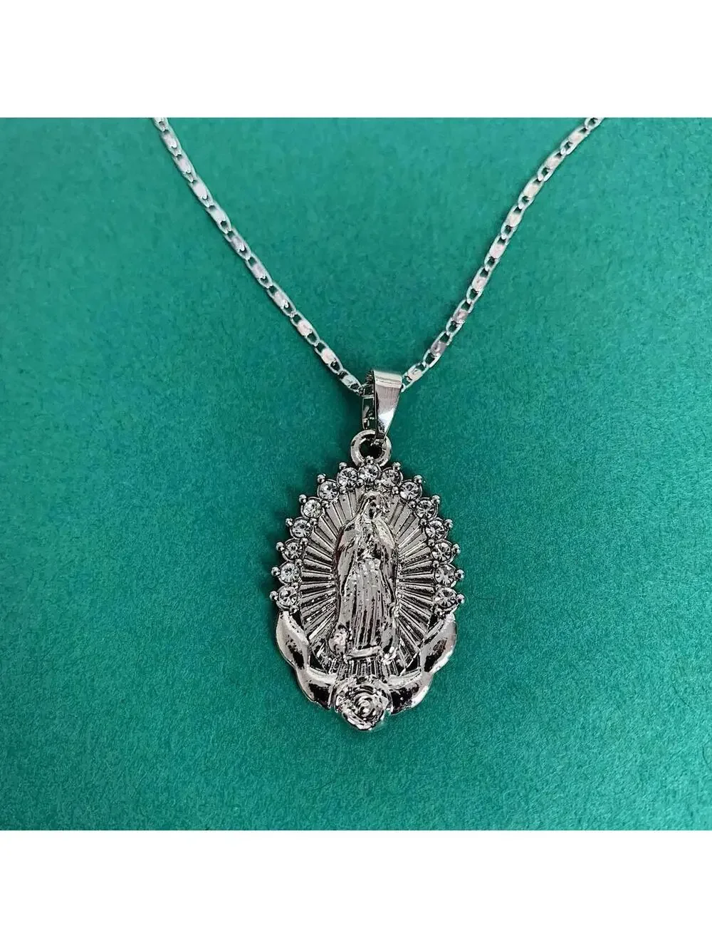Silver Saint Marry rhinestone pendant y2k 90s style necklace chain. Grunge punk